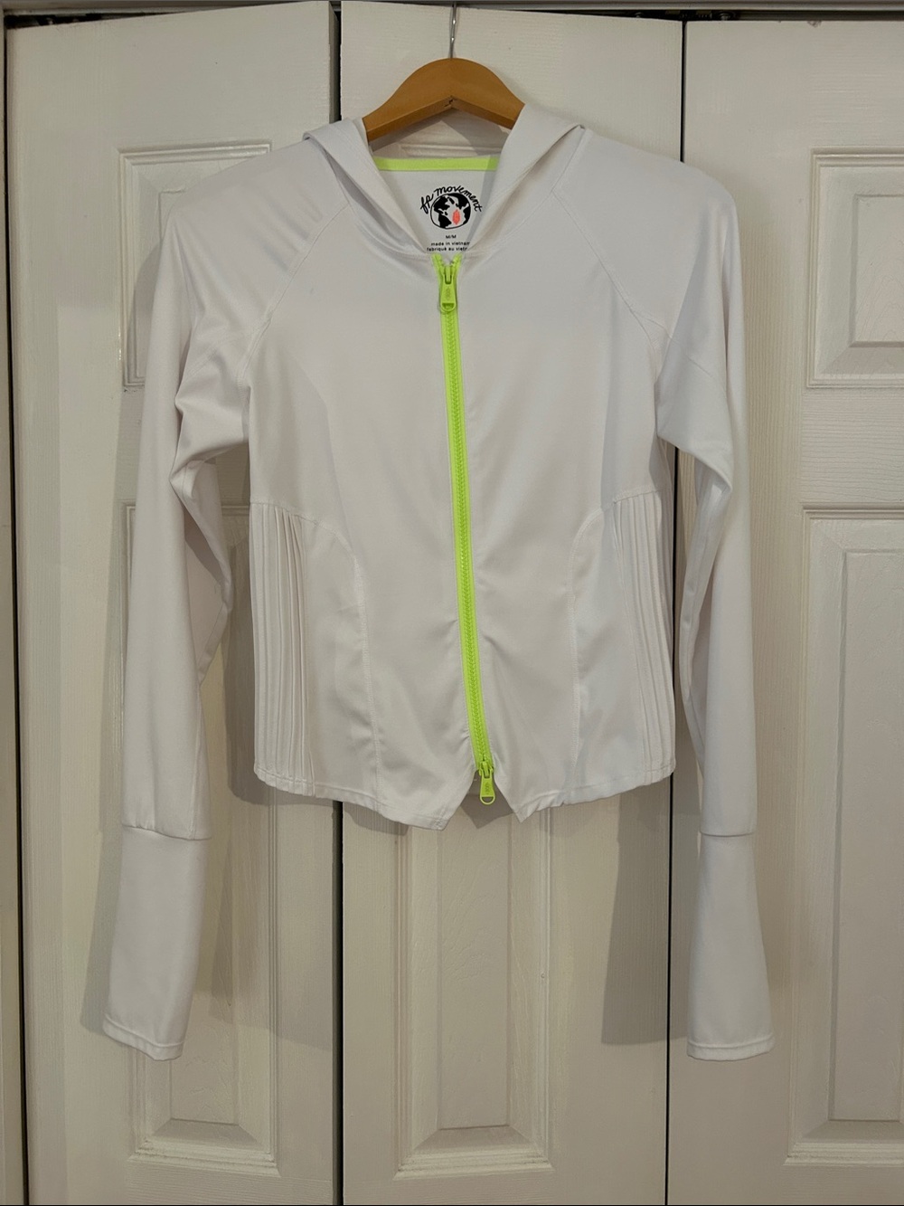 FP Movement by Free People White Hooded Jacket with Neon Yellow-Green Zipper M